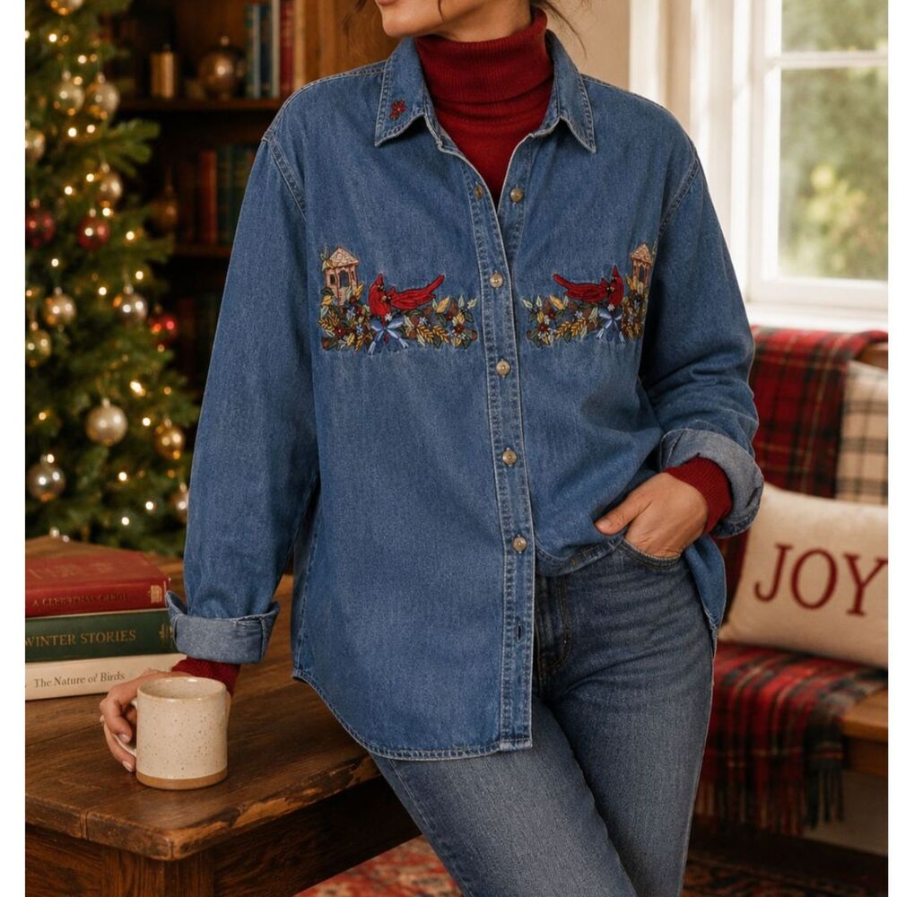 Vintage Bobbie Brooks Cardinal Embroidered Denim Shirt Christmas Cottagecore M